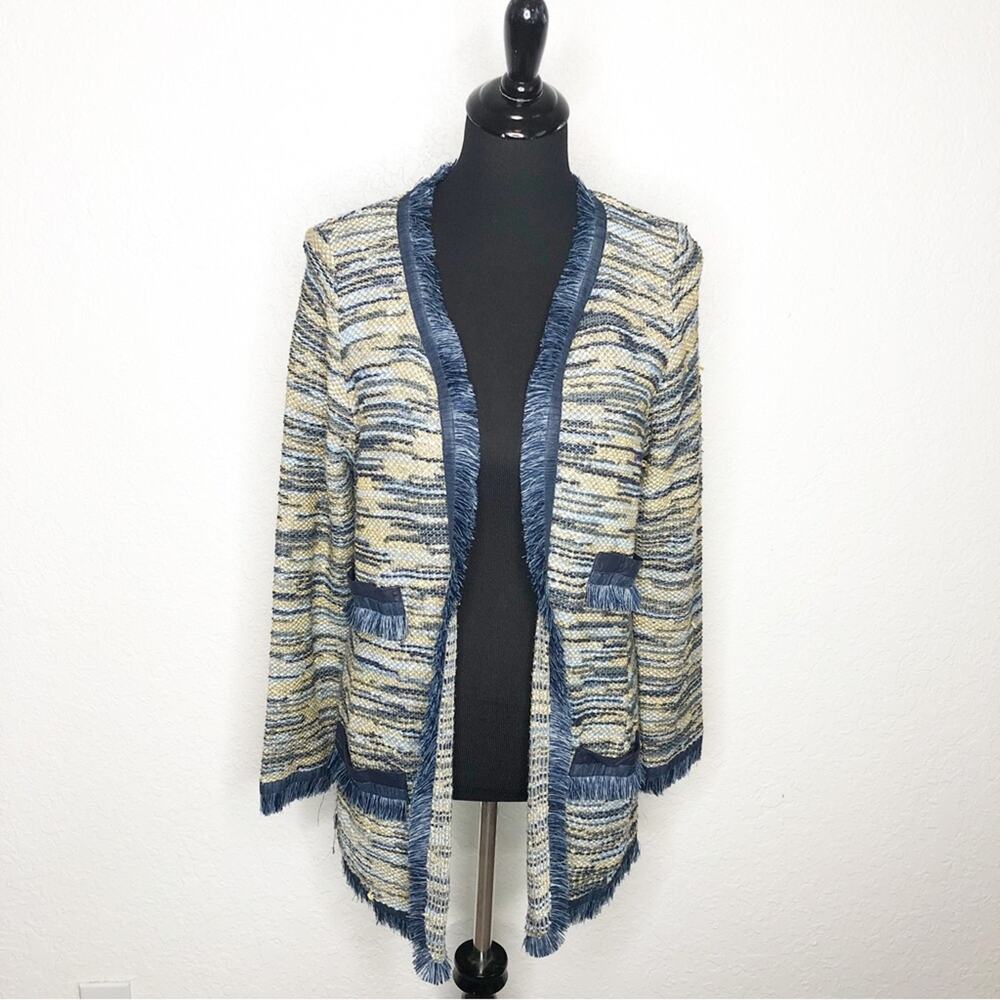 AMS Pure blue gold knit fringe leather trim jacket size 12